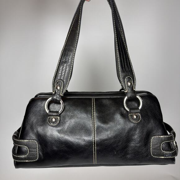 Franco Sarto Purse Black Leather Satchel Hand Shoulder Bag Buckles CUTE - Picture 2 of 16